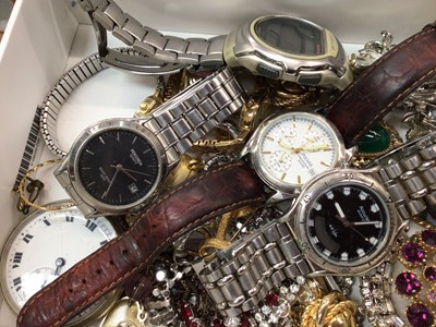 Lot 1023 - Silver charm bracelet, silver gem set floral basket brooch, vintage costume jewellery, pocket watch and various wristwatches