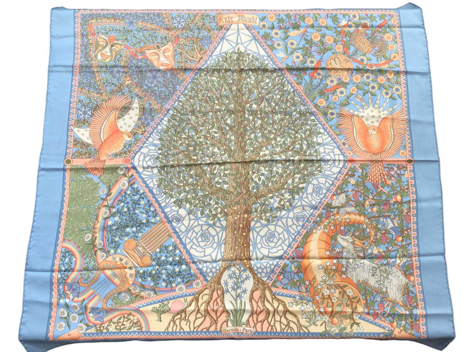 Lot 2086 - Hermès silk scarf Axis Mundi, designer Christine Henry 1999, 90 x 90cm approximately.