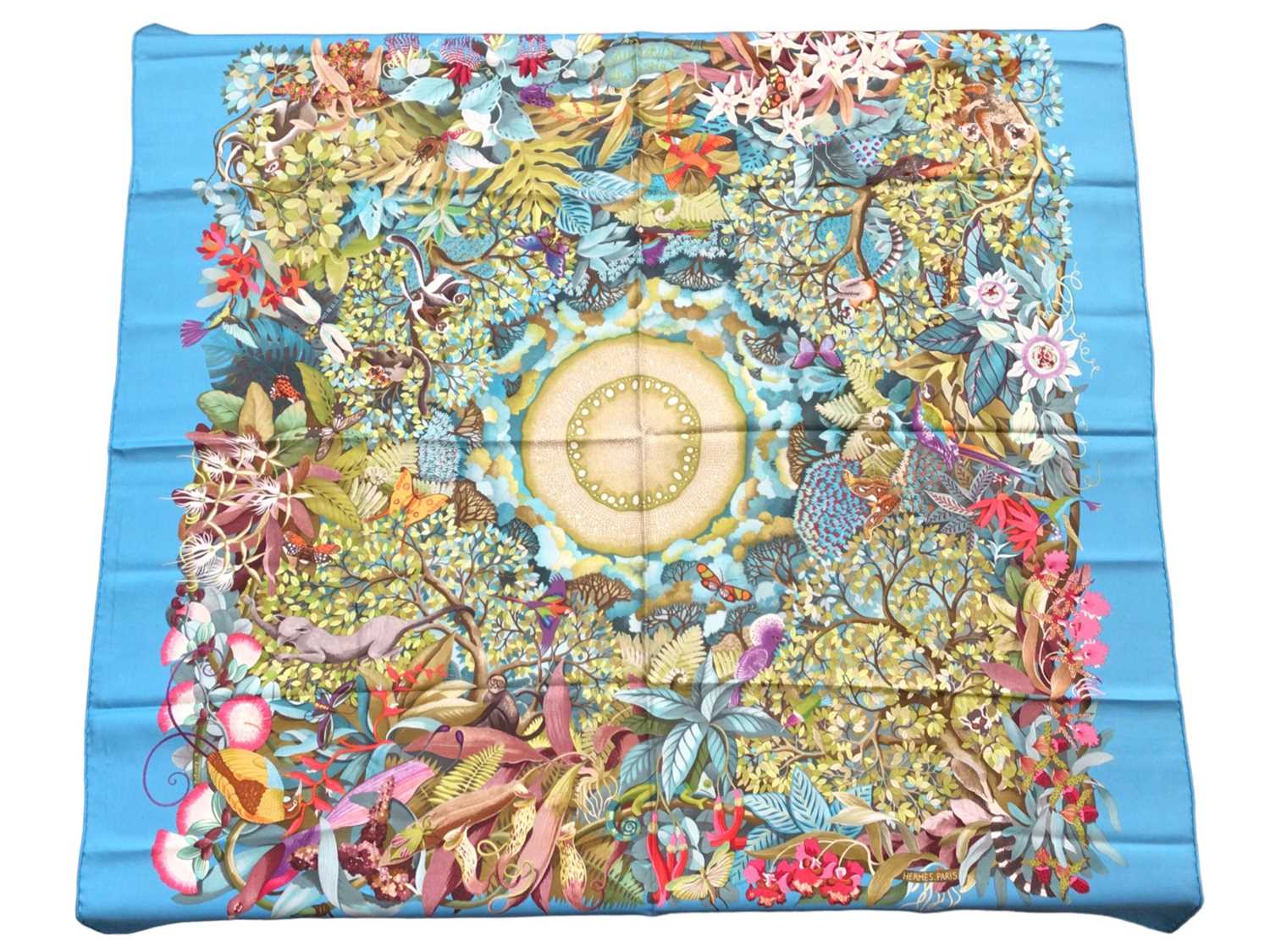 Lot 2089 - Hermès silk scarf Au Coeur de le Vie, blue, designer Aline Honore 2007, 90 x 90cm approximately.