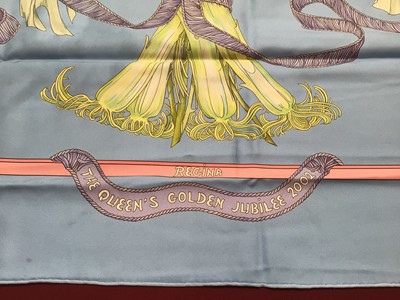 Lot 2090 - Hermès silk scarf Regina, The Queen's Golden Jubilee special edition, designer Leila Manchari 2002, 90 x 90cm approximately.