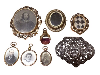 Lot 69 - Victorian brooch with rotating glazed panel containing a portrait photograph and hairwork design to reverse and others