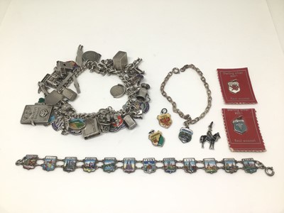 Lot 1000 - Silver charm bracelet with various charms, continental silver (800) and enamel souvenir charm bracelet and others