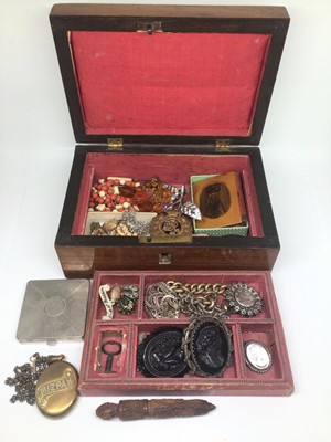 Lot 1001 - Antique wooden jewellery box containing two cameo brooches, Victorian silver brooch, silver chains, gilt metal Mizpah locket pendant on chain, carved wood needle case and other items