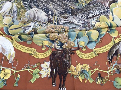 Lot 2094 - Hermès silk scarf Texas Wildlife, designer Kermit Oliver, 1986, 90 x 90cm approximately.