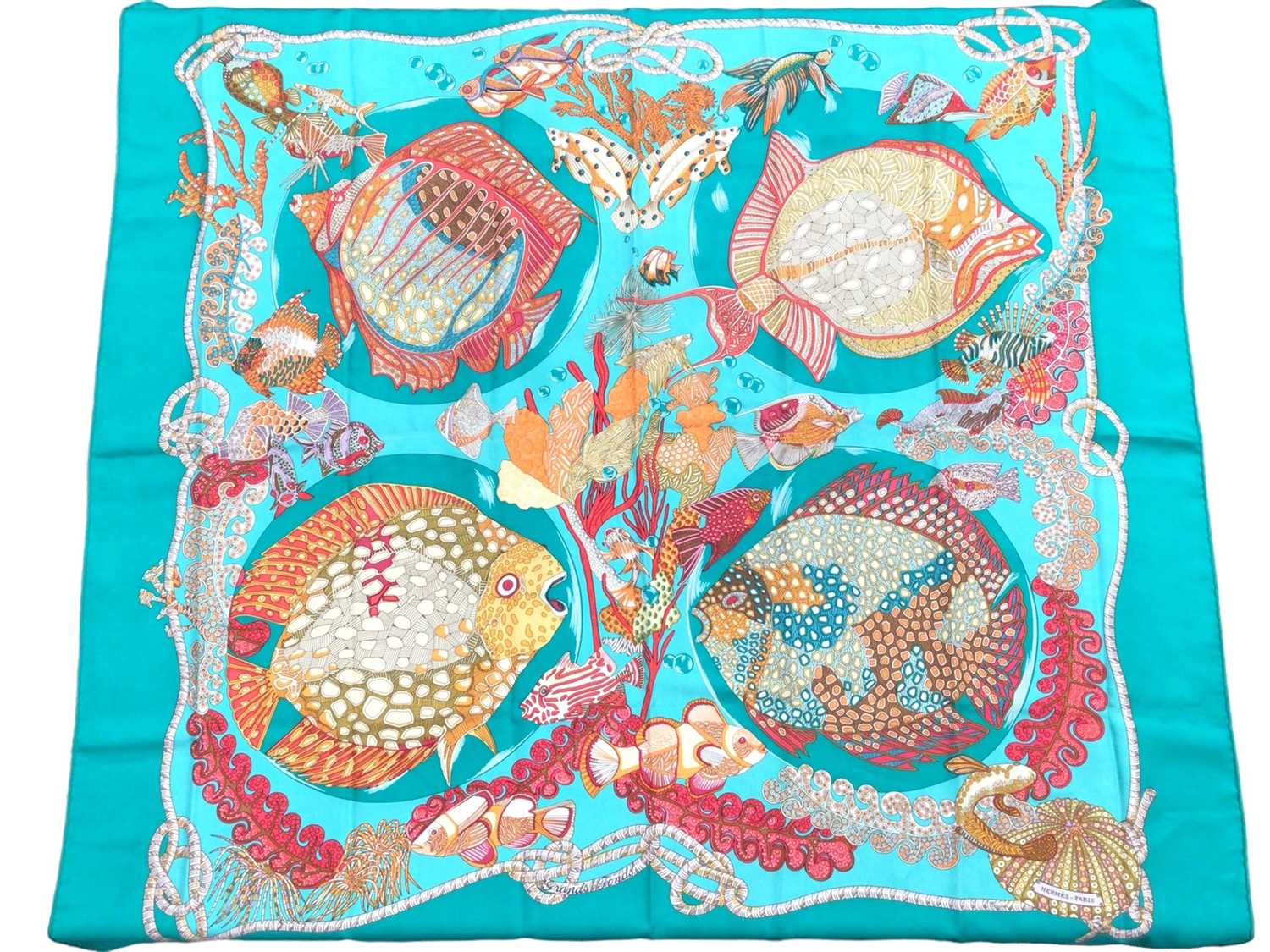 Lot 2096 - Hermès silk scarf Grands Fonds, green, designer Annie Faivre, 1992, 90 x 90cm approximately.