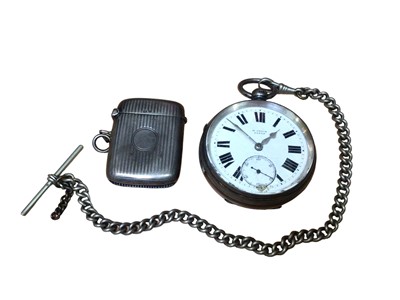 Lot 145 - Edwardian silver cased pocket watch by H. Stone, Leeds (Chester 1906) on a plated chain and a silver vesta case