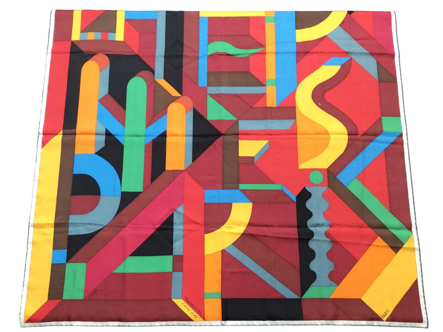 Lot 2101 - Hermès silk scarf Perspective Cavalière, multicolour, signed Gnamorphee, 90 x 90cm approximately.