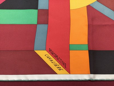 Lot 2101 - Hermès silk scarf Perspective Cavalière, multicolour, signed Gnamorphee, 90 x 90cm approximately.