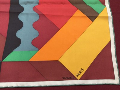 Lot 2101 - Hermès silk scarf Perspective Cavalière, multicolour, signed Gnamorphee, 90 x 90cm approximately.