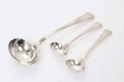 Lot 425 - William IV silver soup ladle and pair of early Victorian sauce ladles