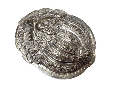 Lot 123 - 19th century Oriental silver plated lidded box with embossed and engraved floral scroll decoration, 10cm x 8cm