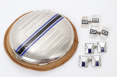 Lot 428 - Art Deco silver and enamel powder compact and two pairs lady's cufflinks