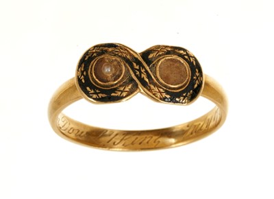 Lot 402 - 18th century gold memorial ring, engraved Rt. ‘Hon. Ann Dow, Lady King’ and dated 1767, aged 83, the enamelled and seed pearl mount a later Regency addition