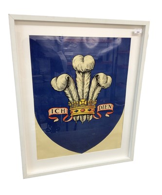 Lot 204 - Old printed Prince of Wales investiture ‘Ich Dien’ feather crest shield mounted in glazed frame.