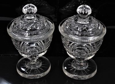 Lot 241 - Pair of 19th century cut glass urns and covers with etched floral swag decoration