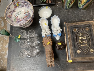 Lot 135 - Pair of Meissen type porcelain shoes, cut glasses, Holy Bible and other items