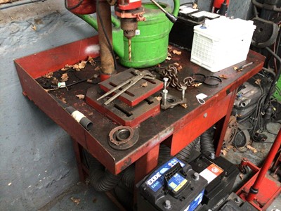 Lot 5 - Metal work bench, with upstand, drawer and undershelf, plus fitted pillar drill, 1010mm x 650mm
