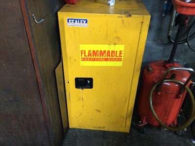 Lot 9 - Yellow metal fire resistant cabinet, 590mm wide x 460 mm deep x 1120mm high