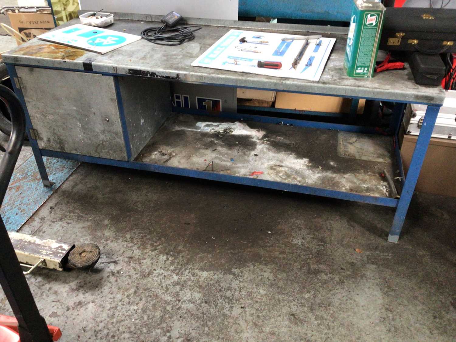 Lot 6 - Metal work bench, with upstand, cupboard and undershelf, 2100mm x 760mm