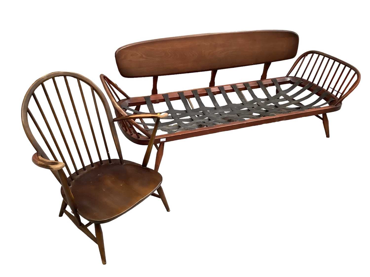 Lot 1203 - Ercol studio couch 1963 together with a stick back tub chair (2)