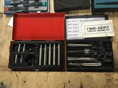 Lot 54 - Locking wheel nut remover, cased, Time-sent thread repair kit, cased, and sundry tools - all cased (5)