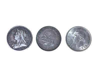 Lot 510 - G.B. - Mixed silver Crowns to include Victoria OH 1896 LIX (N.B. With minor edge bruises) otherwise AF, George V 1935 AEF & George VI 1937 EF (3 coins)