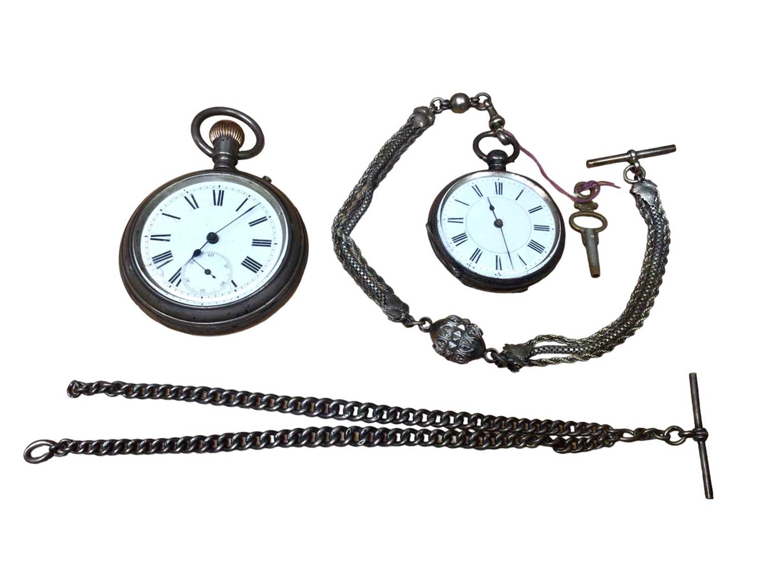Lot 174 - Late Victorian/Edwardian double-sided pocket watch and a Victorian silver fob watch on Albertina chain