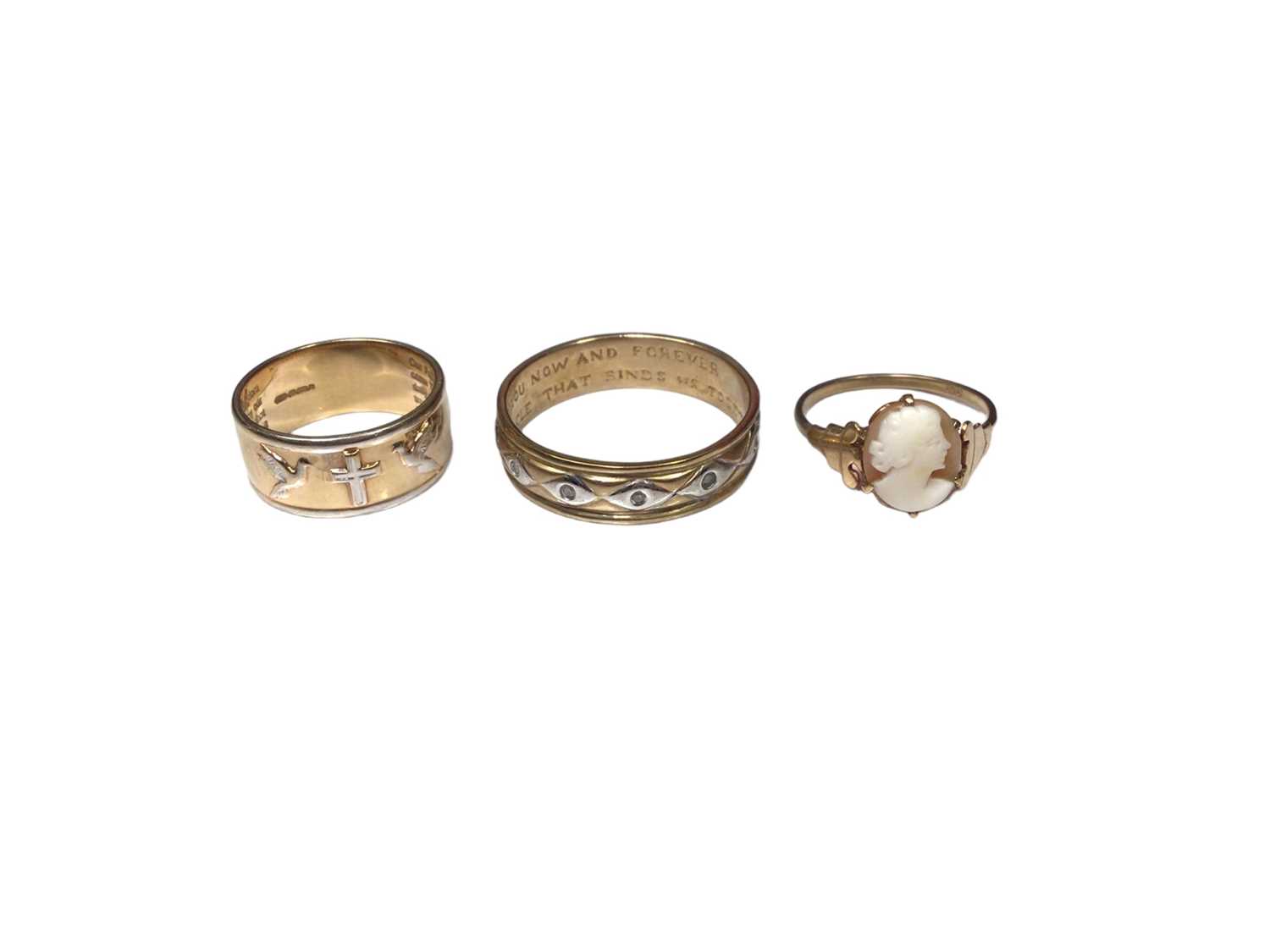 Lot 179 - 9ct gold cameo ring, 9ct gold wedding ring and 9ct yellow and white gold diamond set eternity style ring