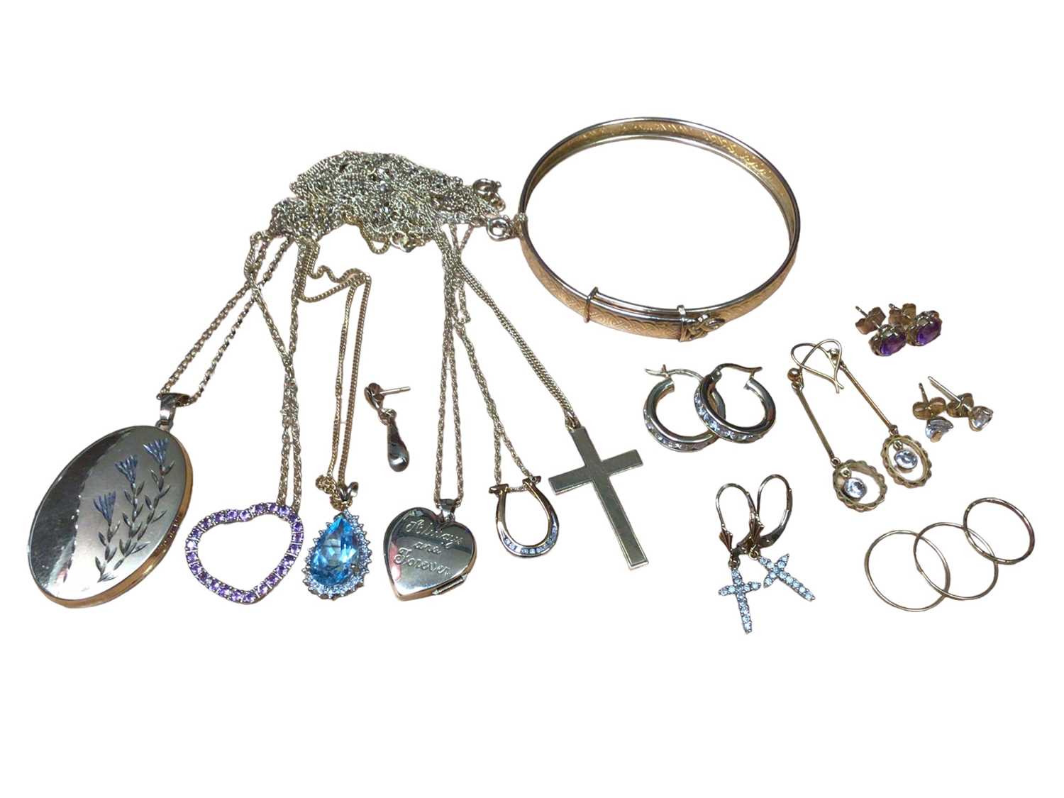 Lot 181 - Group of 9ct gold and yellow metal jewellery to include a bangle, lockets, gem set pendants and pairs of  gold earrings