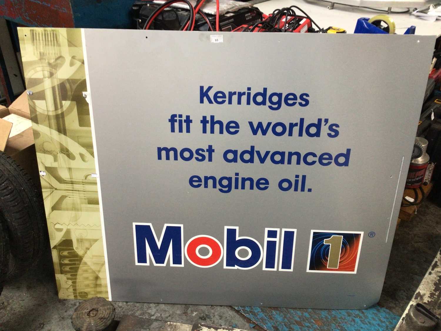 Lot 93 - Mobil 1 metal garage sign, Mobil 1, "Kerridges fit the World's most advanced engine oil", 1250 mm x 1050mm