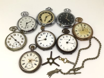 Lot 1029 - Eight pocket watches including one silver cased and a plated watch chain