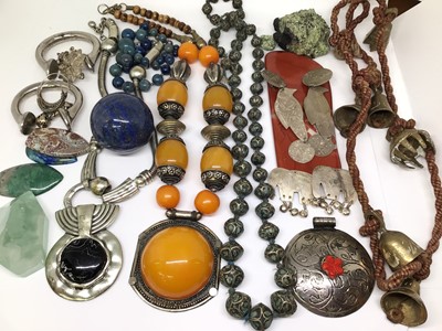 Lot 1030 - Tribal style necklaces, semi precious gem stones and specimens, white metal jewellery and other items