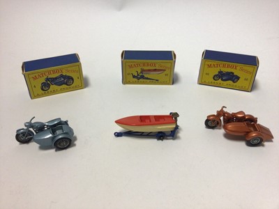 Lot 245 - Matchbox 1-75 Series No.1 Diesel Road Roller, no.48 Trailer with removable sports boat, No.2 Muir-Hill Dumper, no.4 Triumph Motorcycle and sidecar, No.66 Harley-Davidson Motorcycle and side car, No...