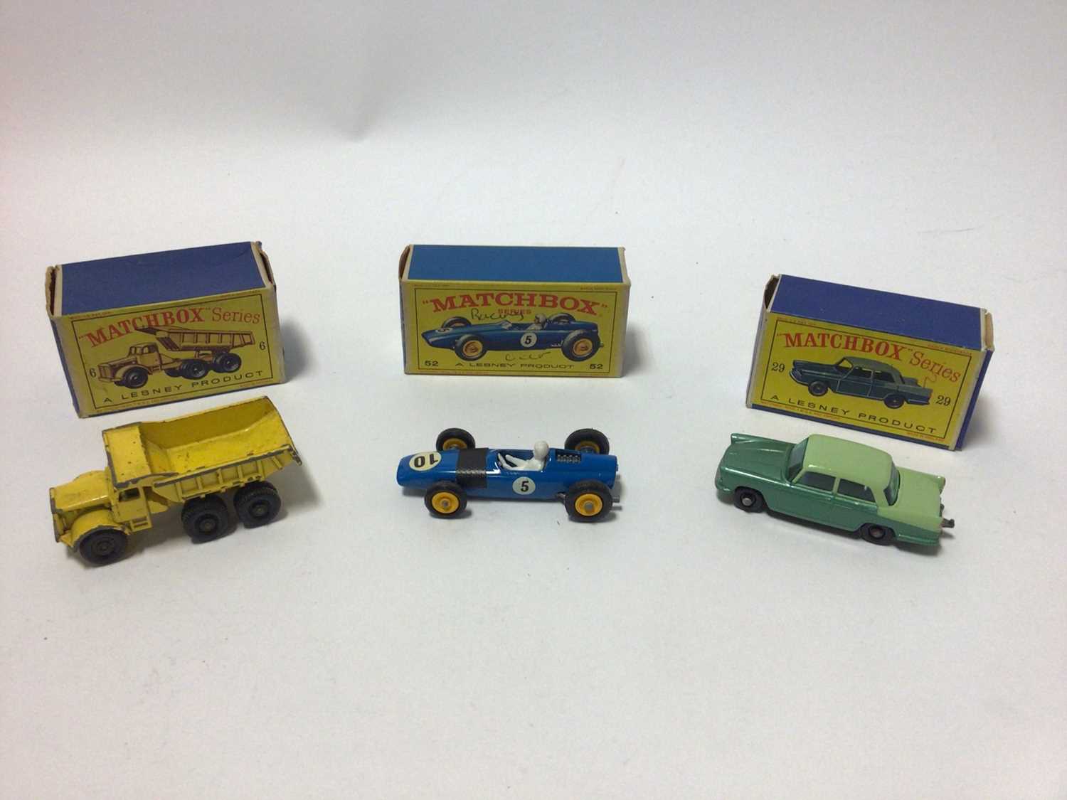 Lot 246 - Matchbox 1-75 Series No.54 Saracen Carrier, No.12 Land Rover, No.29 Austin A55 Cambridge, No.52 BRM Racing Car, No.6 Euclid Quarry Truck, all boxed, plus No.73 RAF Pressure Refueller empty box (6)