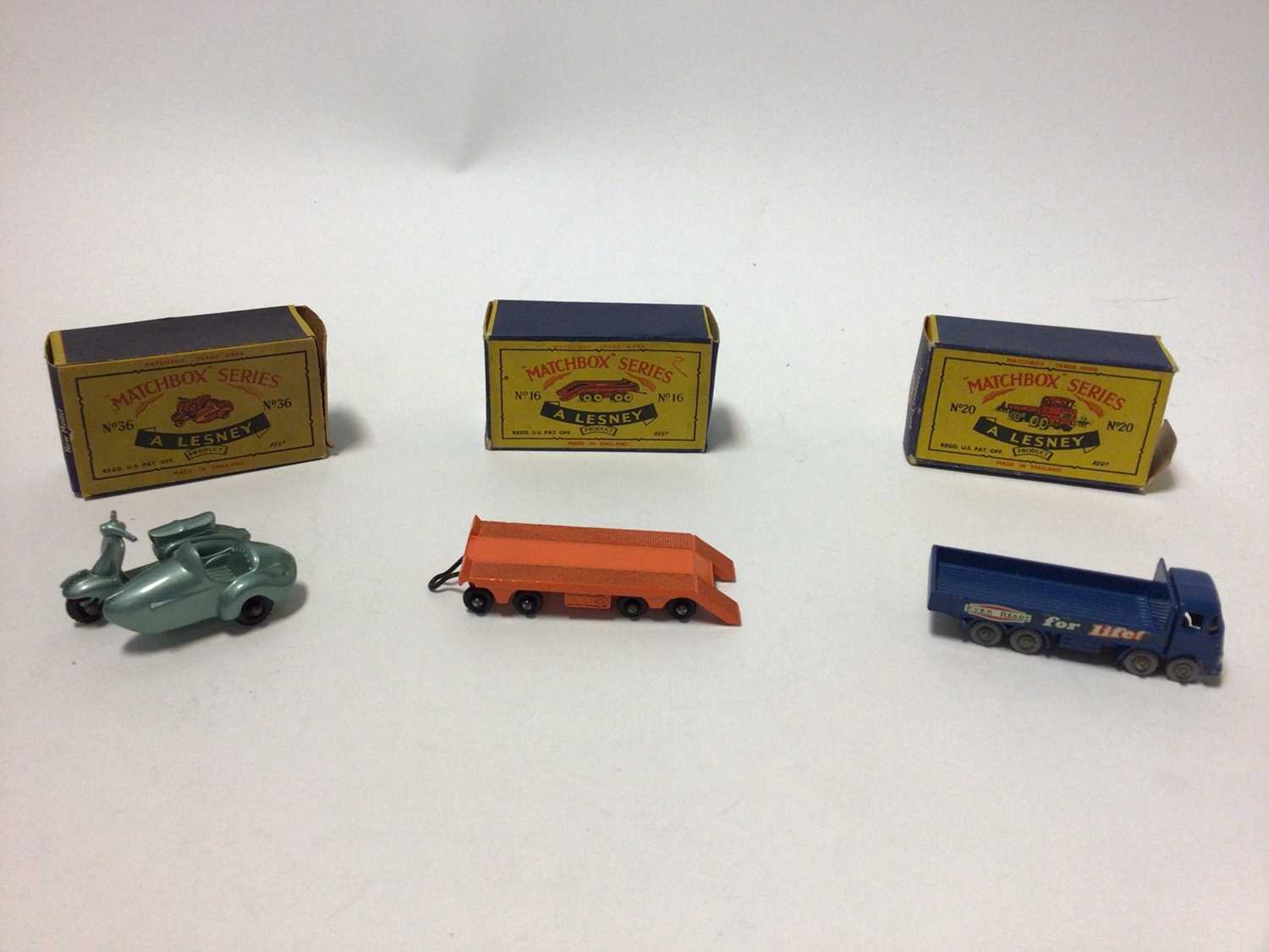 Lot 247 - Matchbox 1-75 Series No.36 Lambretta and side car, No.16 Atlantic Transporter, No.55 D.U.K.W, No.20 ERF Transport Truck, No.15 'Atlantic' Prime Mover, all boxed, plus No.73 10 Ton Pressure Refuelle...