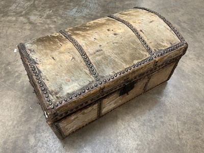 Lot 160 - 18th century travelling trunk with original hide and retailer's label