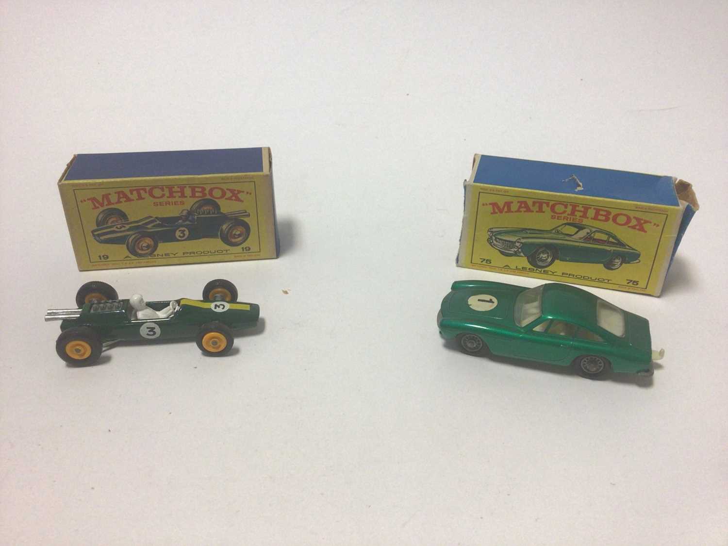 Lot 249 - Matchbox 1-75 Series No.19 Lotus Racing Car, No.75 Ferrari Berlinetta, No.72 Standard Jeep, No.39 Ford Tractor, No.48 Trailer with removable sports boat, No.9 Cabin Cruiser and Trailer, all boxed,...