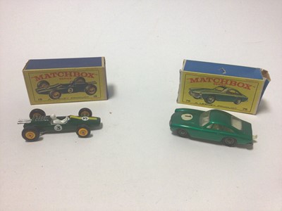 Lot 249 - Matchbox 1-75 Series No.19 Lotus Racing Car, No.75 Ferrari Berlinetta, No.72 Standard Jeep, No.39 Ford Tractor, No.48 Trailer with removable sports boat, No.9 Cabin Cruiser and Trailer, all boxed,...