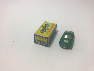 Lot 249 - Matchbox 1-75 Series No.19 Lotus Racing Car, No.75 Ferrari Berlinetta, No.72 Standard Jeep, No.39 Ford Tractor, No.48 Trailer with removable sports boat, No.9 Cabin Cruiser and Trailer, all boxed,...