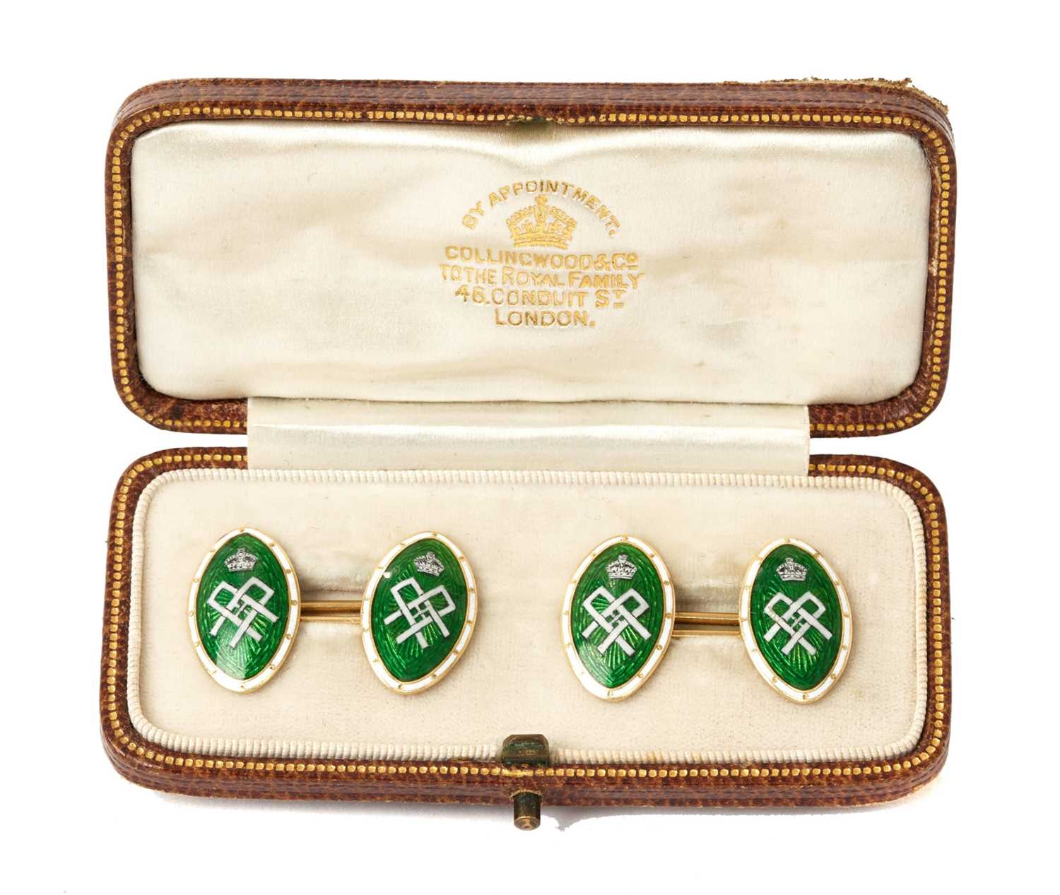 Lot 13 - H.M.Queen Alexandra, fine pair Royal presentation gold 18ct, green and white enamel cufflinks in fitted case with gilt crowned cipher to lid