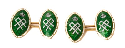 Lot 13 - H.M.Queen Alexandra, fine pair Royal presentation gold 18ct, green and white enamel cufflinks in fitted case with gilt crowned cipher to lid
