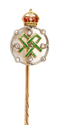 Lot 14 - H.M.Queen Alexandra, fine Royal presentation two colour gold, enamel and diamond set stick pin in original case with gilt embossed cipher to lid