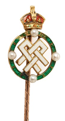 Lot 15 - H. M. Queen Alexandra, fine gold, enamel and seed pearl stick pin in period associated case