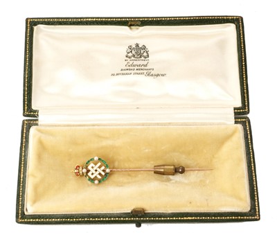Lot 15 - H. M. Queen Alexandra, fine gold, enamel and seed pearl stick pin in period associated case