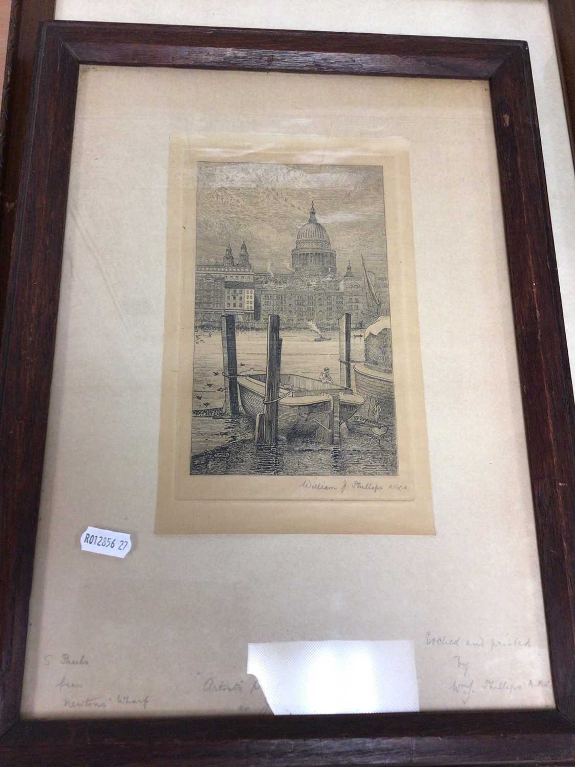 Lot 680 - William J. Phillips A.R.C.A., etching, view of St. Paul's from Newton Wharf, signed in pencil on Japanese vellum, together with a print of York Minster