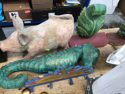 Lot 28 - Group of mostly wooden and papier mache items, including painted wall brackets, mirrors, papier mache pig and seahorse, etc