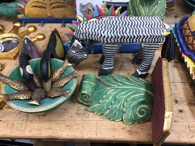 Lot 28 - Group of mostly wooden and papier mache items, including painted wall brackets, mirrors, papier mache pig and seahorse, etc