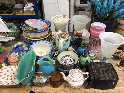 Lot 29 - Group of art pottery, lamps, large pottery vase with paper flowers, Murano glass clown, etc