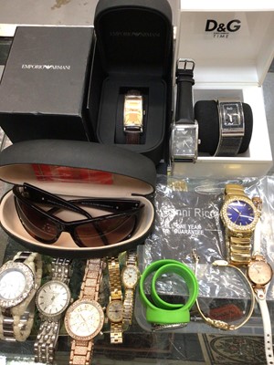 Lot 1041 - Group of wristwatches including Dolce & Gabbana Time and Emporio Armani, both boxed and a pair of Bruce Oldfield sunglasses in case