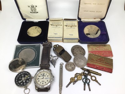 Lot 1047 - Timex Expedition wristwatch, group of coins, silver plated propelling pencil/Stanhope, pocket compass, watch winding keys, silver female figure ring and other items